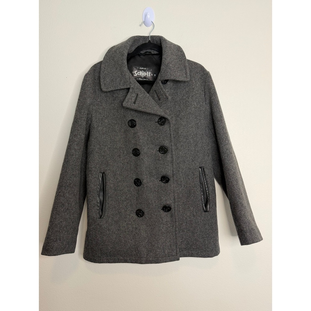 Schott NYC Gray Wool Pea Coat Leather Trim Double Breasted Made in Canada M